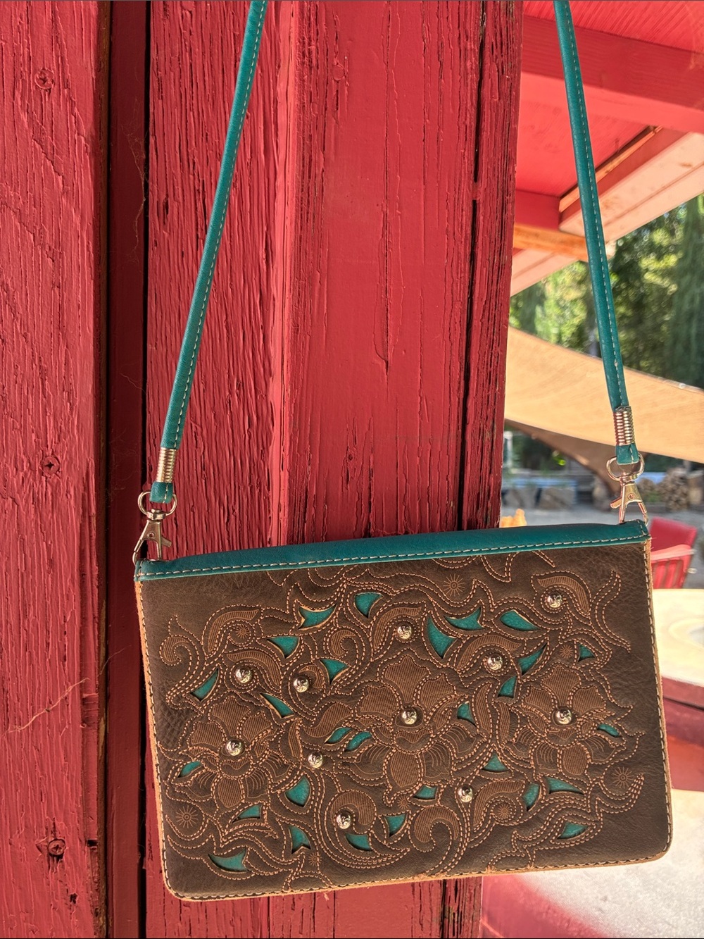 Brown Leather Shoulder Bag with Teal Accents - Picture 3 of 6